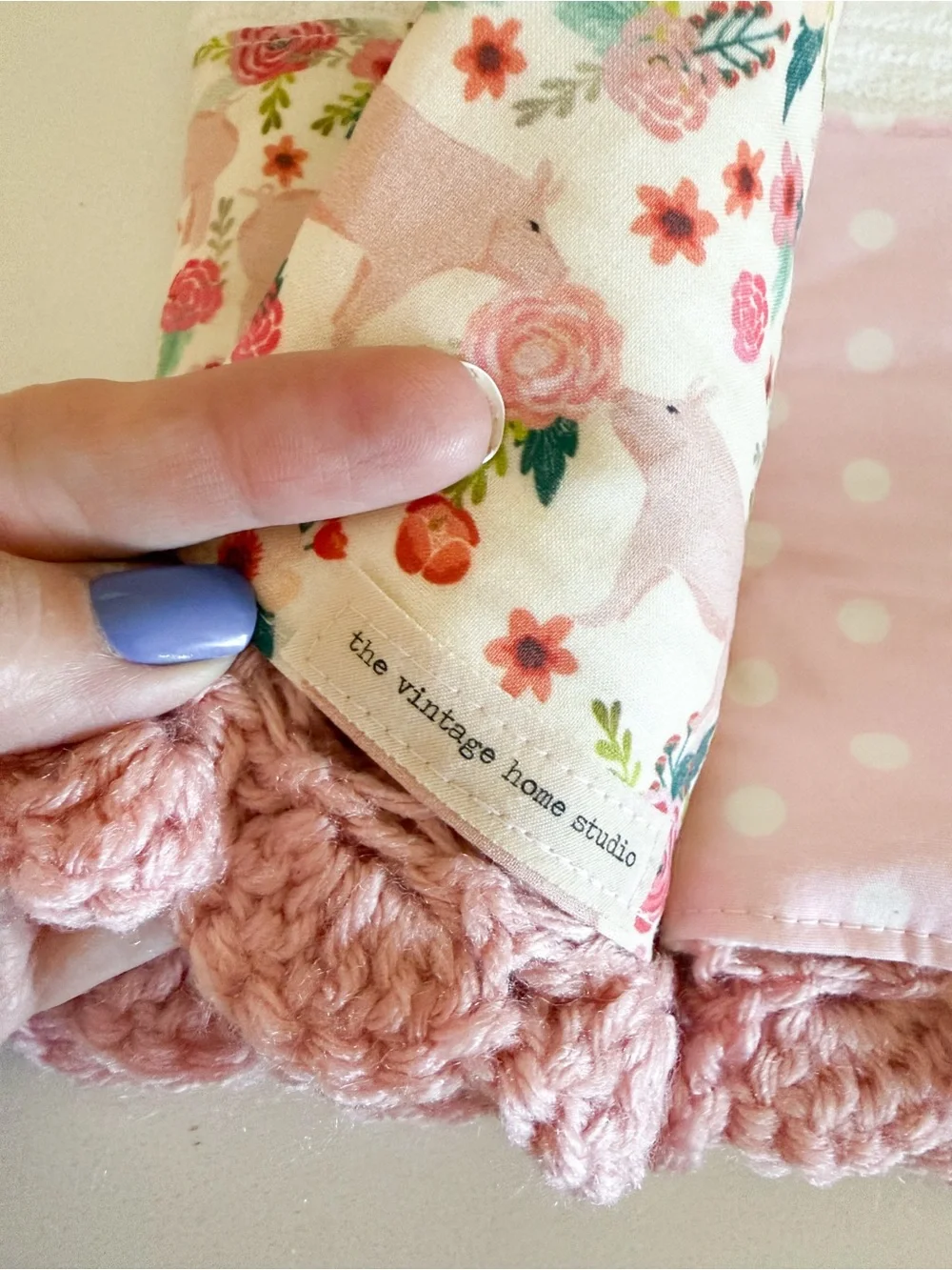 Handmade Pink Floral & Polka Dot Kitchen Towel with Crochet Edge